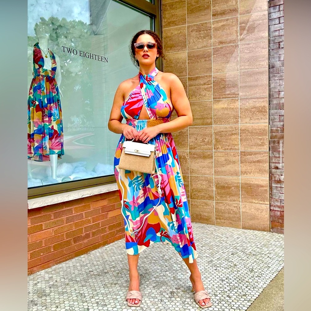 Abstract Tropical Halter Dress Size S